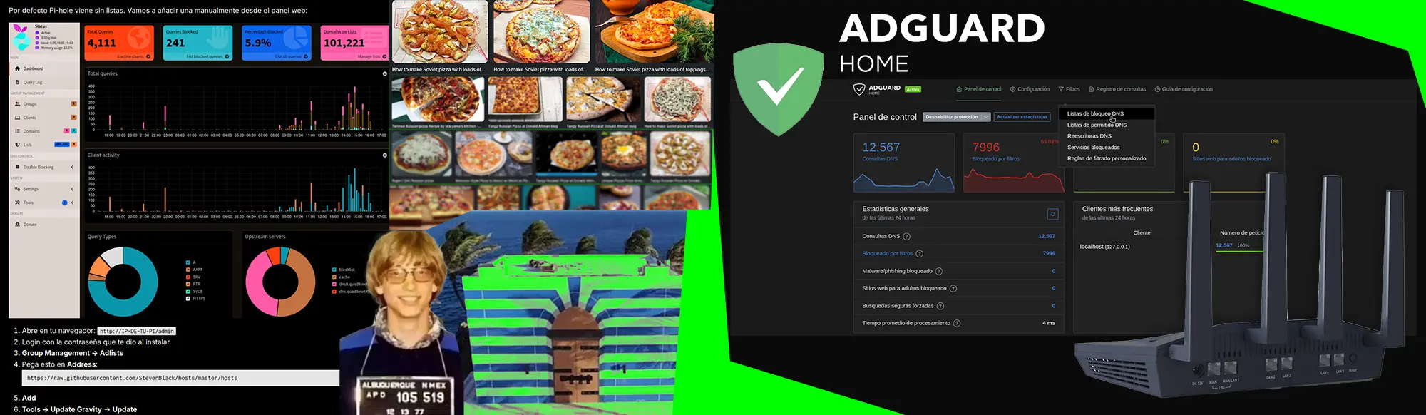 anel web de Pi-hole y AdGuard Home con estadísticas de consultas DNS bloqueadas, añadir listas StevenBlack hosts y router OpenWrt.